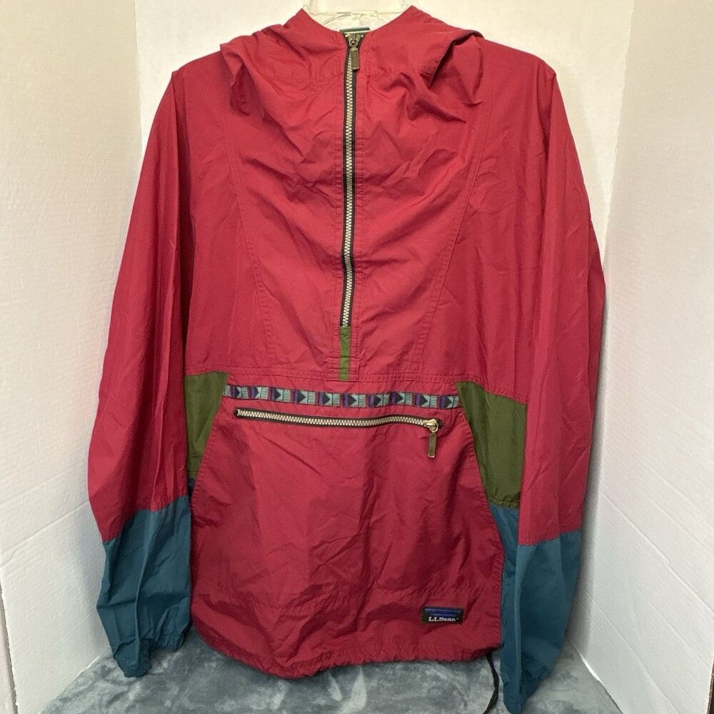 L.L. Bean Anorak L Vintage 90s Hooded Windbreaker Jacket Red Green Blue USA